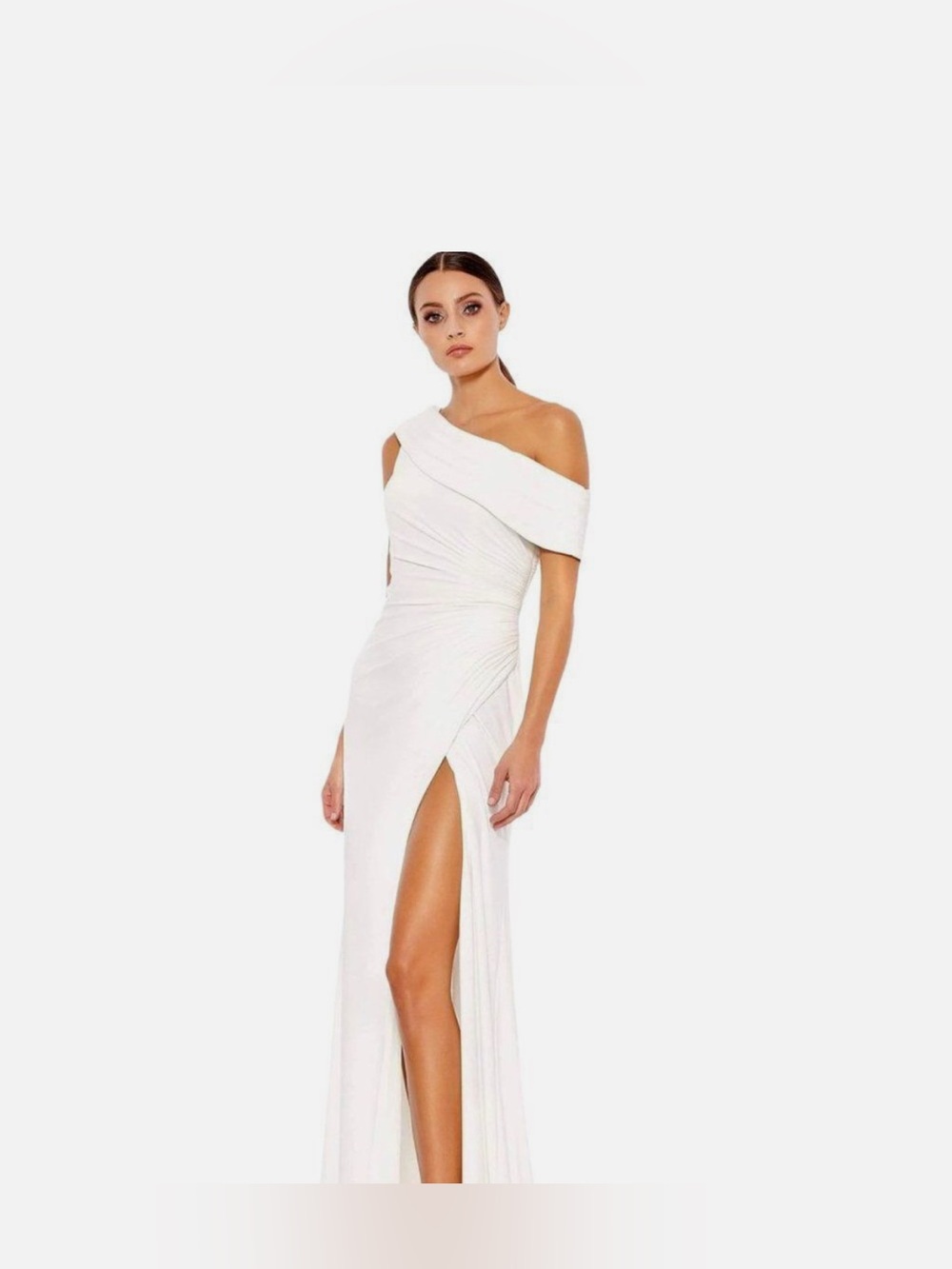 Ieena  Mac Duggal White Foldover Off-the-Shoulder Slit Gown US 6 #26517 NWT